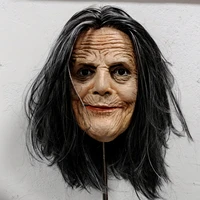 Creepy old witch Halloween mask with wrinkled face and long black hair
