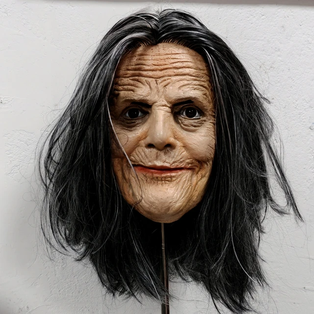 Creepy old witch Halloween mask with wrinkled face and long black hair