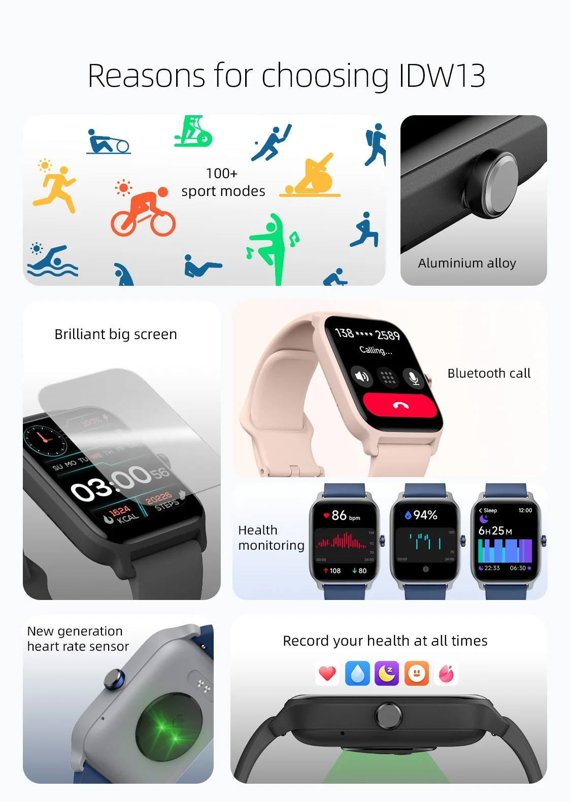 ZZYSMART IDW13 Smart Watches For Men Women Bluetooth Call Smartwatch Build-in Alexa 5ATM IP68 Waterproof Heart Rate Fitness