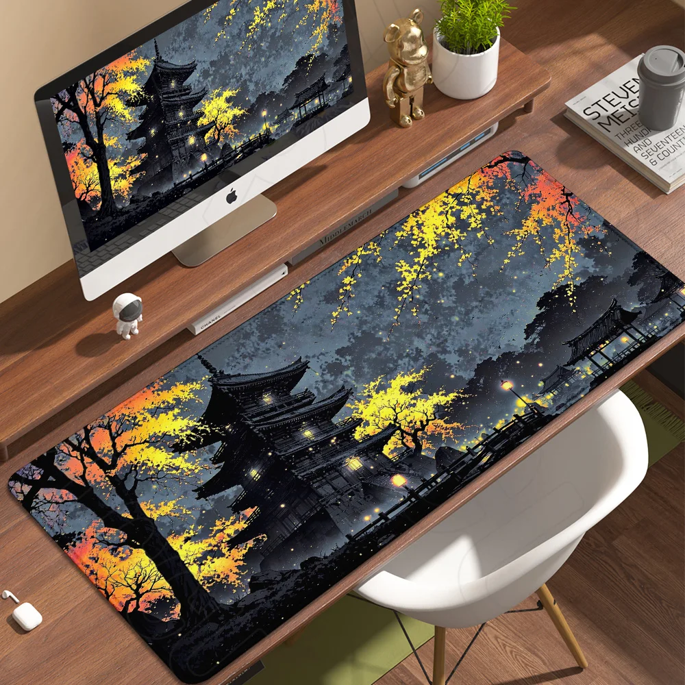 XXL Night Cherry Blossoms Desk Mat Non-Slip Rubber Gaming Office Mat Mouse Pad Tower Pink Trees MousePad Pc Accessories carpet