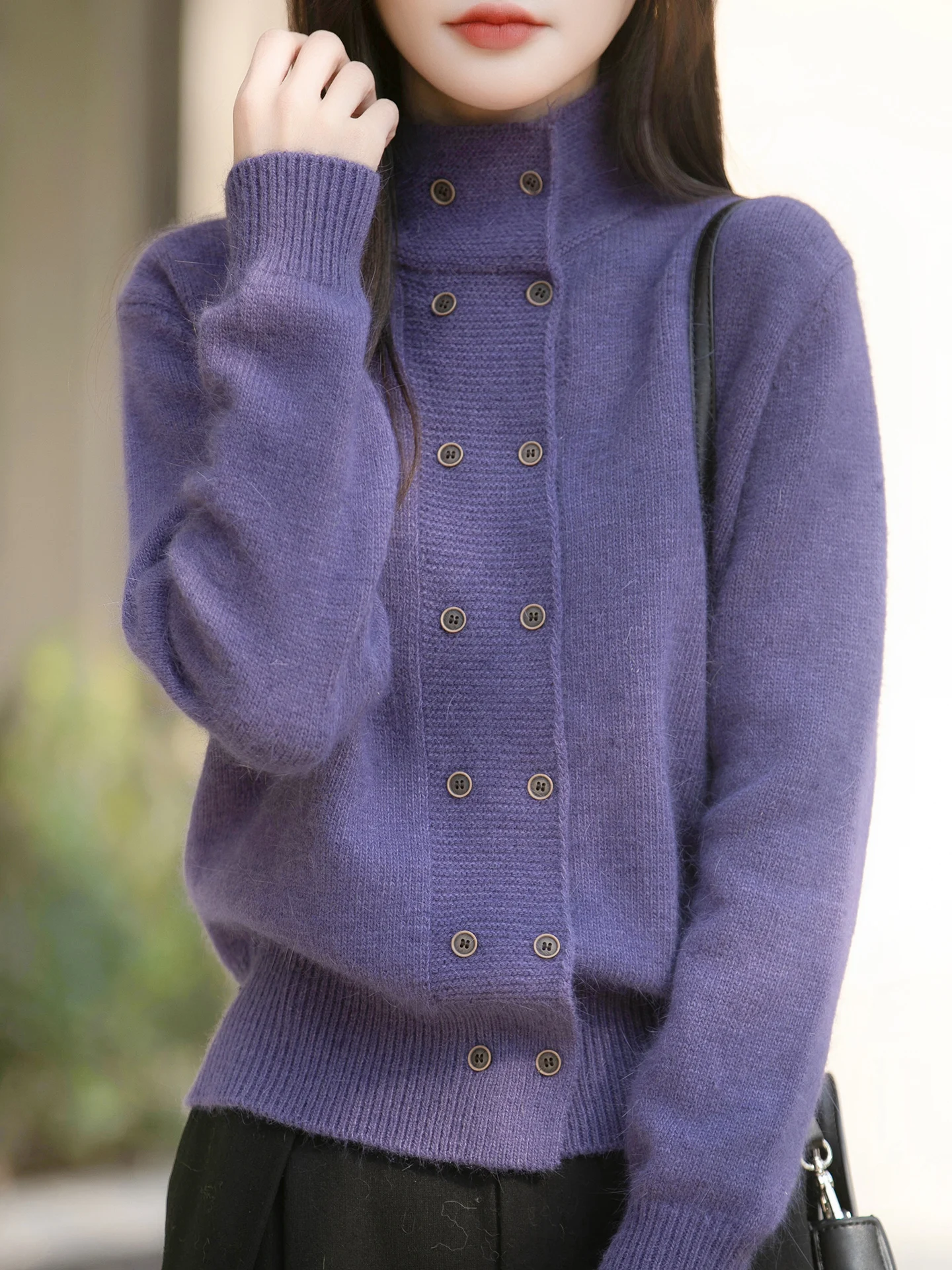

Повседневный вязаный кардиган-пальто с двойной застежкой для женщин, в корейском стиле, универсальный, с высоким воротником, длинными рукавами, осенний
