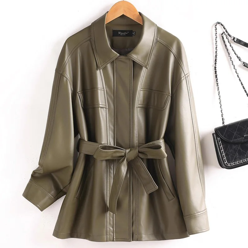 New Women Medium Long Split Leather Coat Autumn Fashion Turn-down Collar Slim Waist with Belt Short Coat Casual Leather Trench
