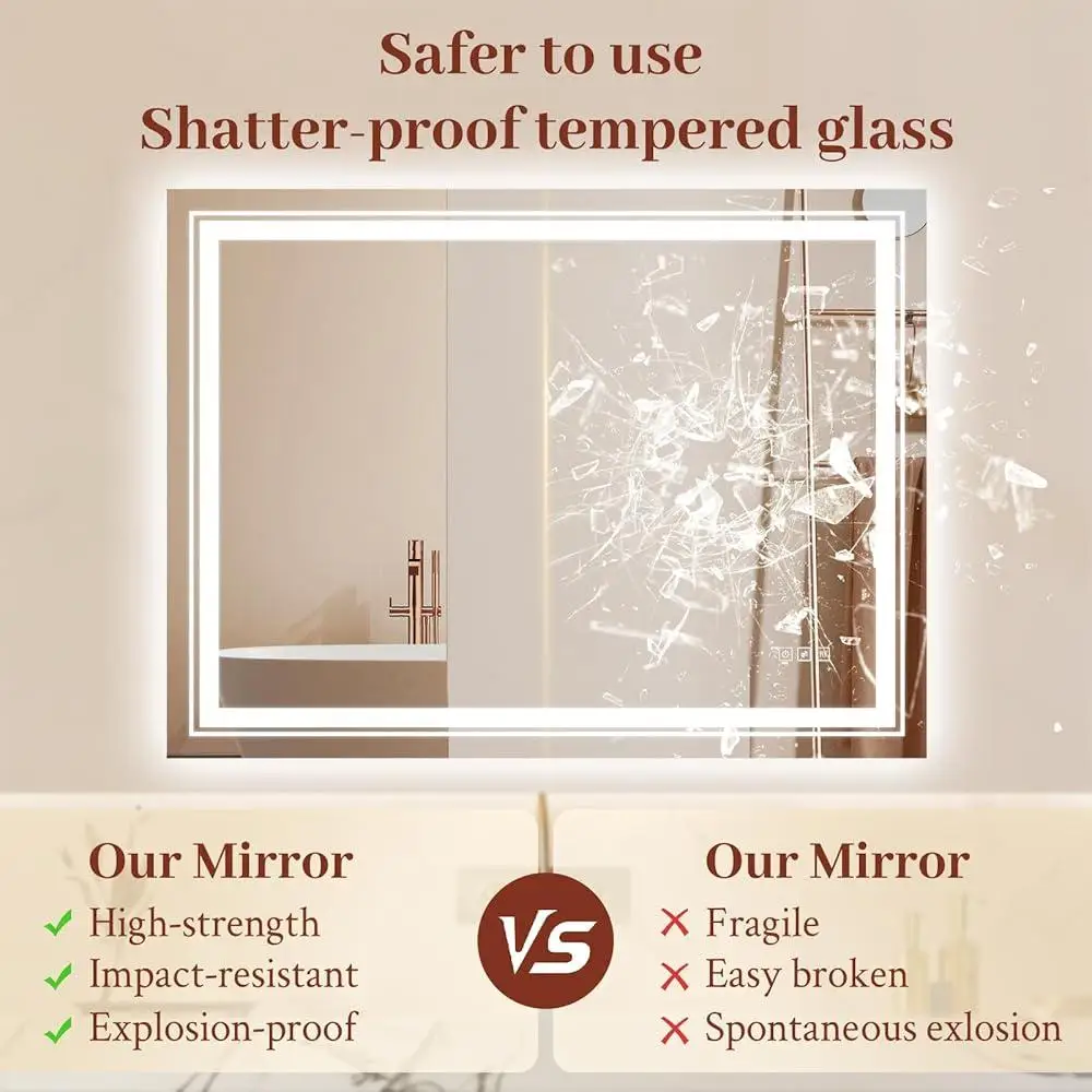 LED Bathroom Mirror Anti Fog Digital Lighted Mirror Tempered Glass Stepless Dimmable Backlit Frontlit Touch Control Makeup