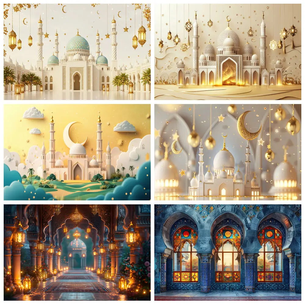 Islamic Mosque Eid Backgrounds for Photographs Moon Lamp Lantern Baby Shower Muslim Holiday Party Decornation Photocall Backdrop