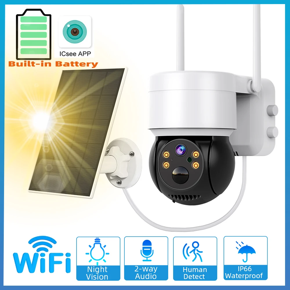 

Solar Security Camera Outdoor 2MP WiFi PTZ Cam Motion Detect 1080P Color Night Vision Home Surveillance Battery Powered Camera