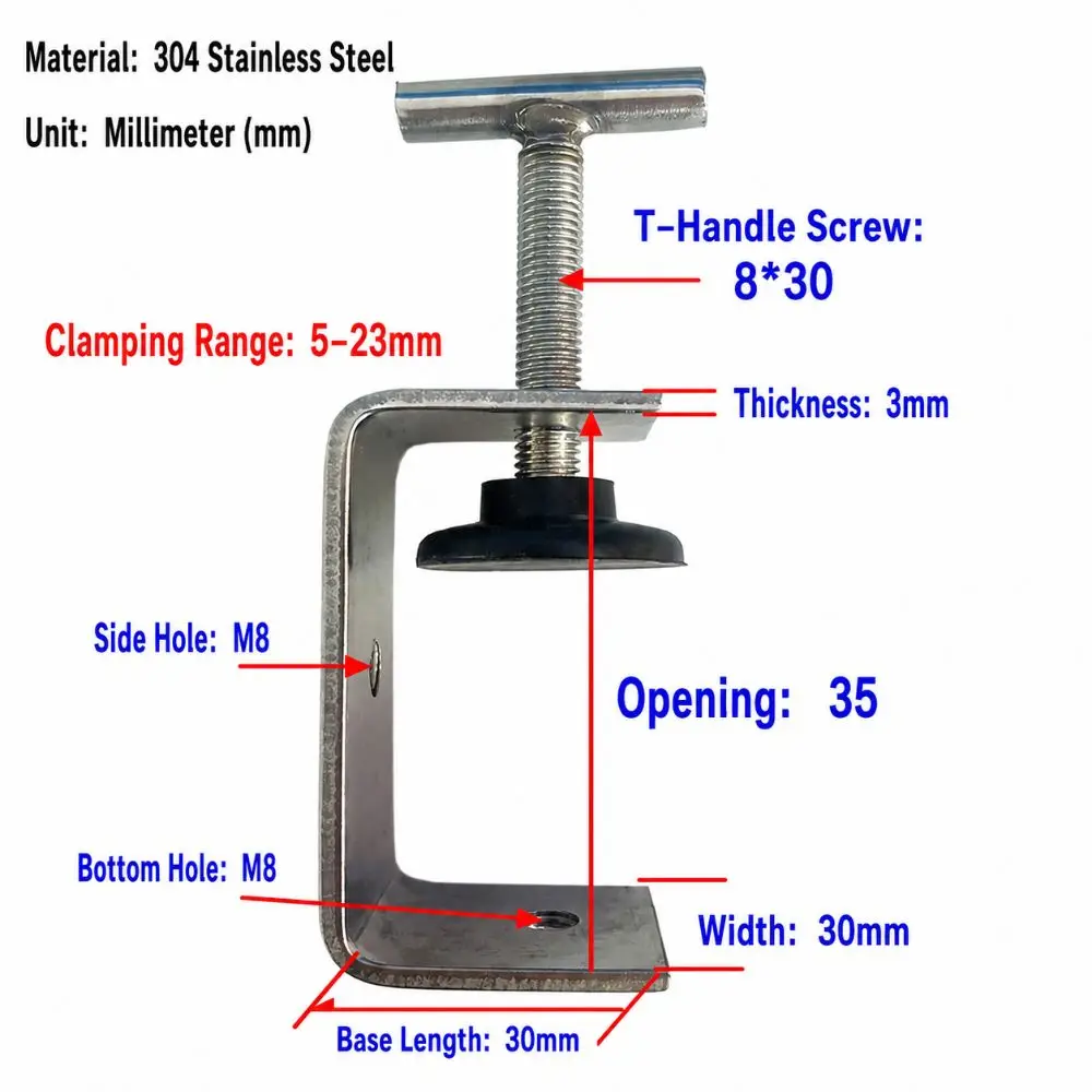 304 Stainless Steel C-clamp 20-100mm Opening Rubber Pad Square Clamp Adjustable T-shaped Head Woodworking Fixing Clips