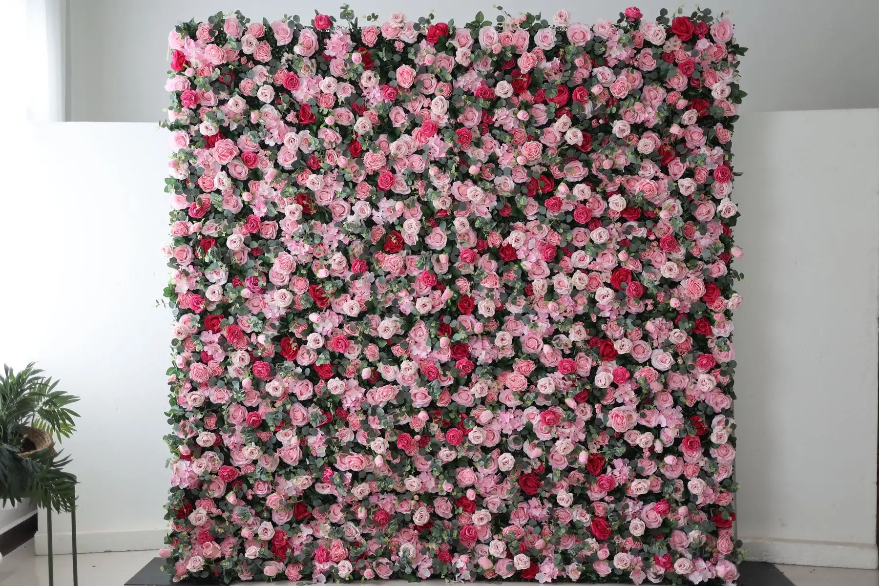 

Royal Pink Rose Green Leaf luxury flower wall 3D artificial peony cloth, fabric flower wall, wedding background decoration