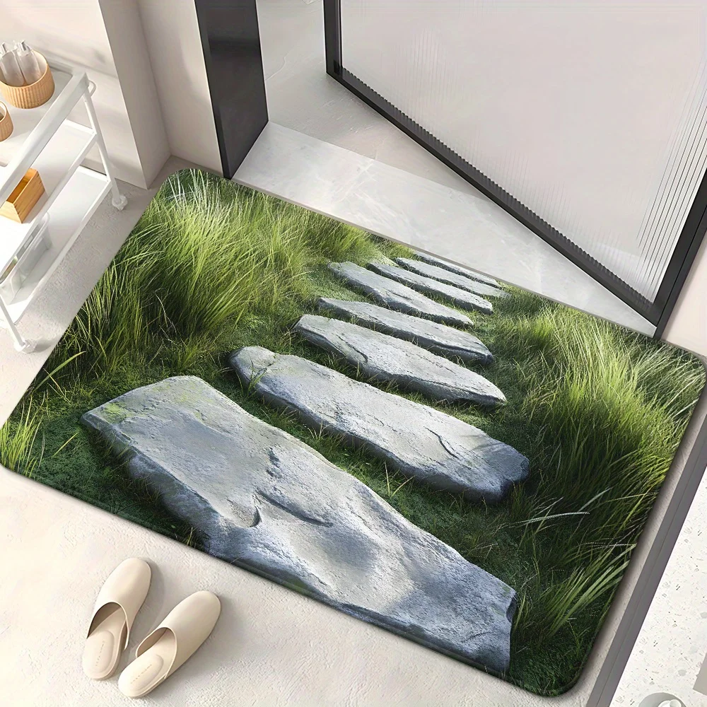 Green Grass Stone Path Doormat Realistic Nature Scene Rug Anti-Skid Indoor Outdoor Use for Patio