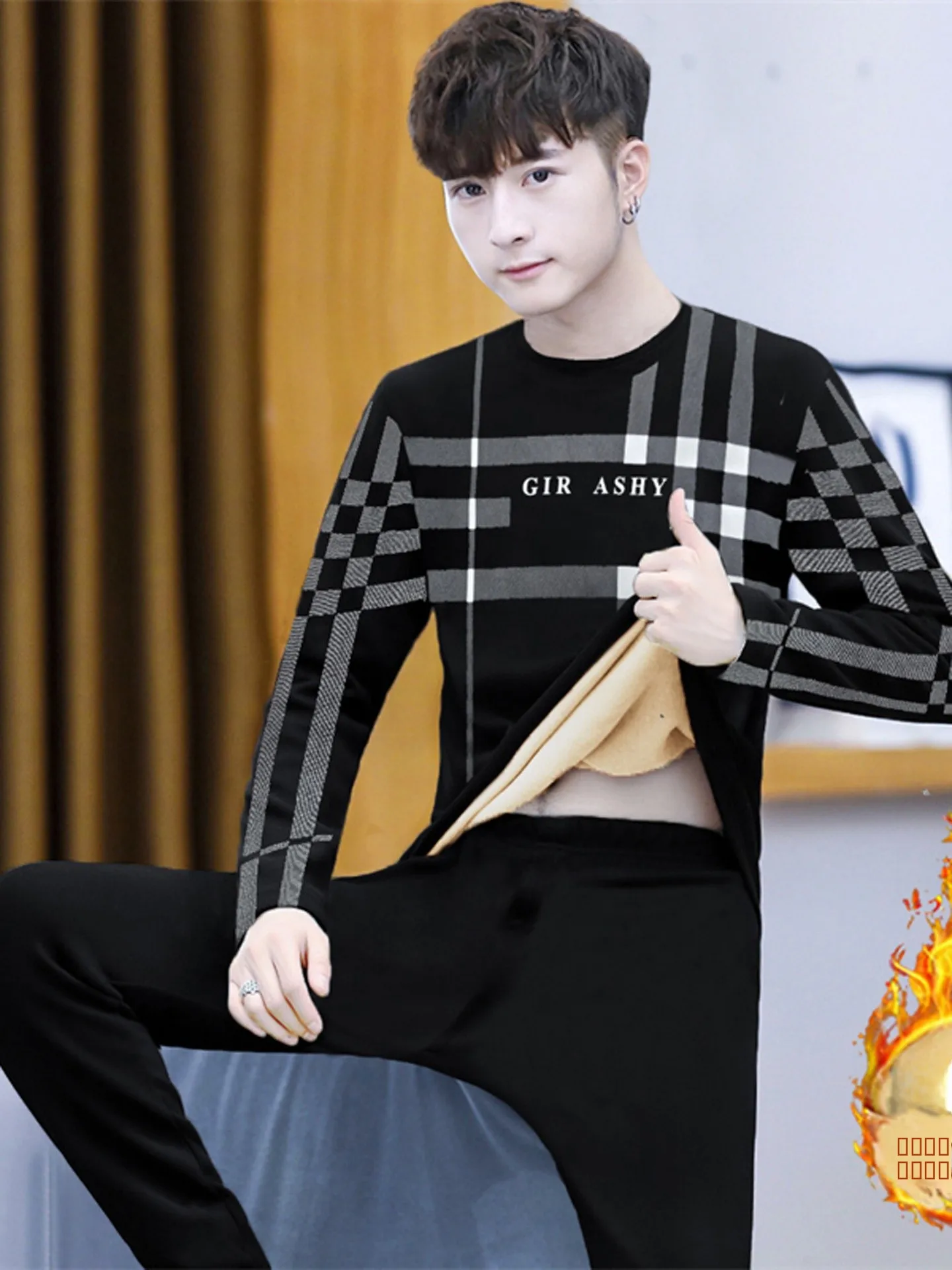 

Warm Fce Lined Plaid Print Thermal Underwear Set for Men Teens Long Sve Long Pants Winter Season Brand KNKVIP YHB6