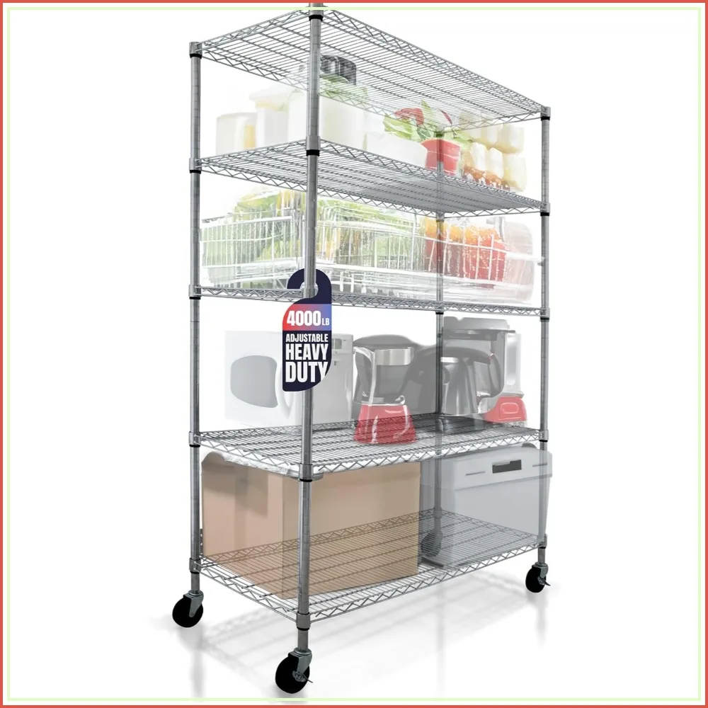 5-Tier Heavy Duty Wire Rack 48x24x76 Chrome Rolling Shelving with Casters