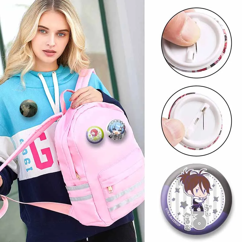 Cute Anime Subaru Natsuki Emilia Rem Enamel Pin Cartoon Character Round Brooch Badges for Bag Kawaii Jewelry Gifts for Friends