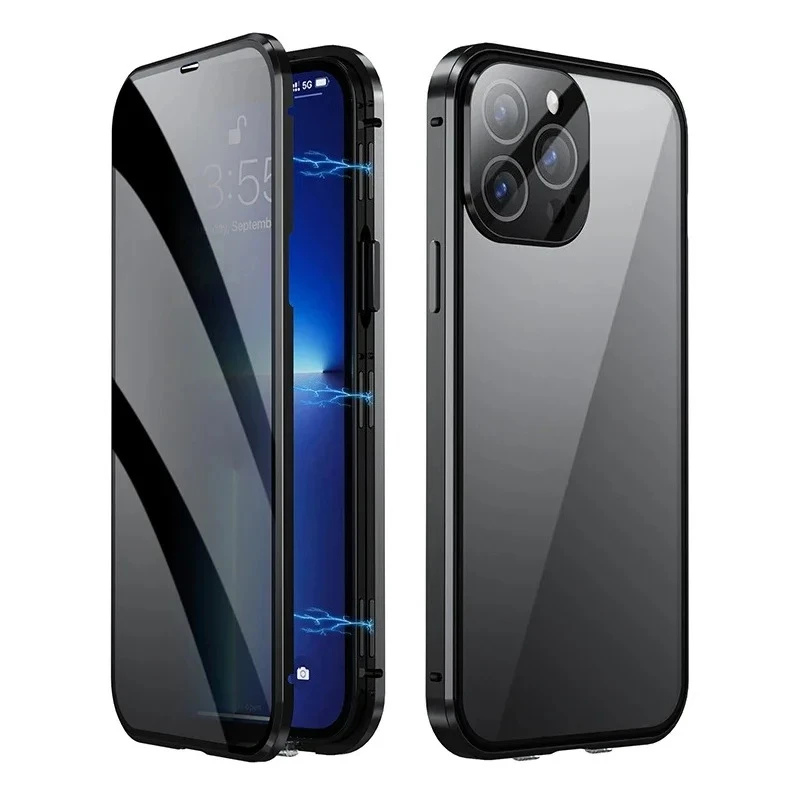 360 ° Full Protection Metal Magnetic Double-Sided Glass Snap Lock Privacy Case For iPhone 17 16 15 14 13 12 Pro Max Plus 17E 16E