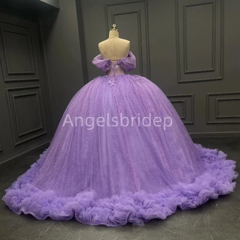 Angelsbridep Customized Blingbling Tulle Ruffle Train Lavender Ball Gown Quinceanera Dresses Evening Party Vestido De 15 Anos