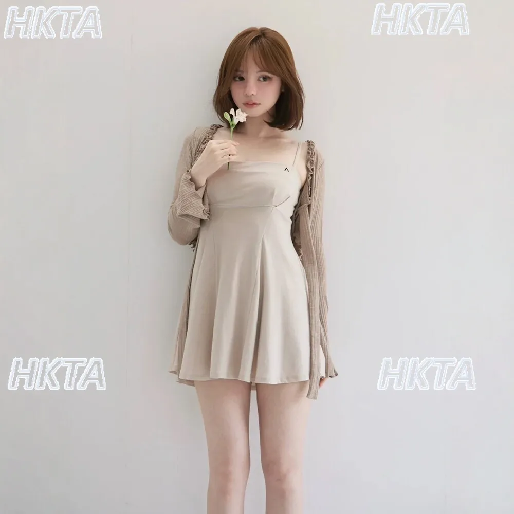 Japanese Autumn New Fungus Knitted Short Cardigan Shawl Thin Sweater Top + Slim Suspender Dress + Anti-light Shorts 3-piece Set