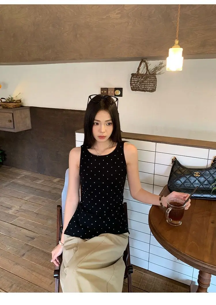 2026 Polka Dot Sleeveless Vest Women Summer New Cinched Waist Slimming Tied Straps Hot Girl Pure Desire Style Top