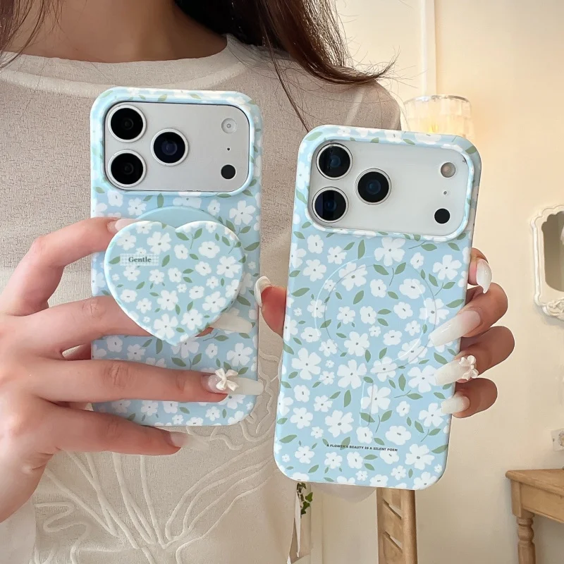 

Korean White Little Flower Print Magnetic Phone Case For iPhone 16 Pro 17 15 Pro Max Cover with Stand For Magsafe Cases For 17 P