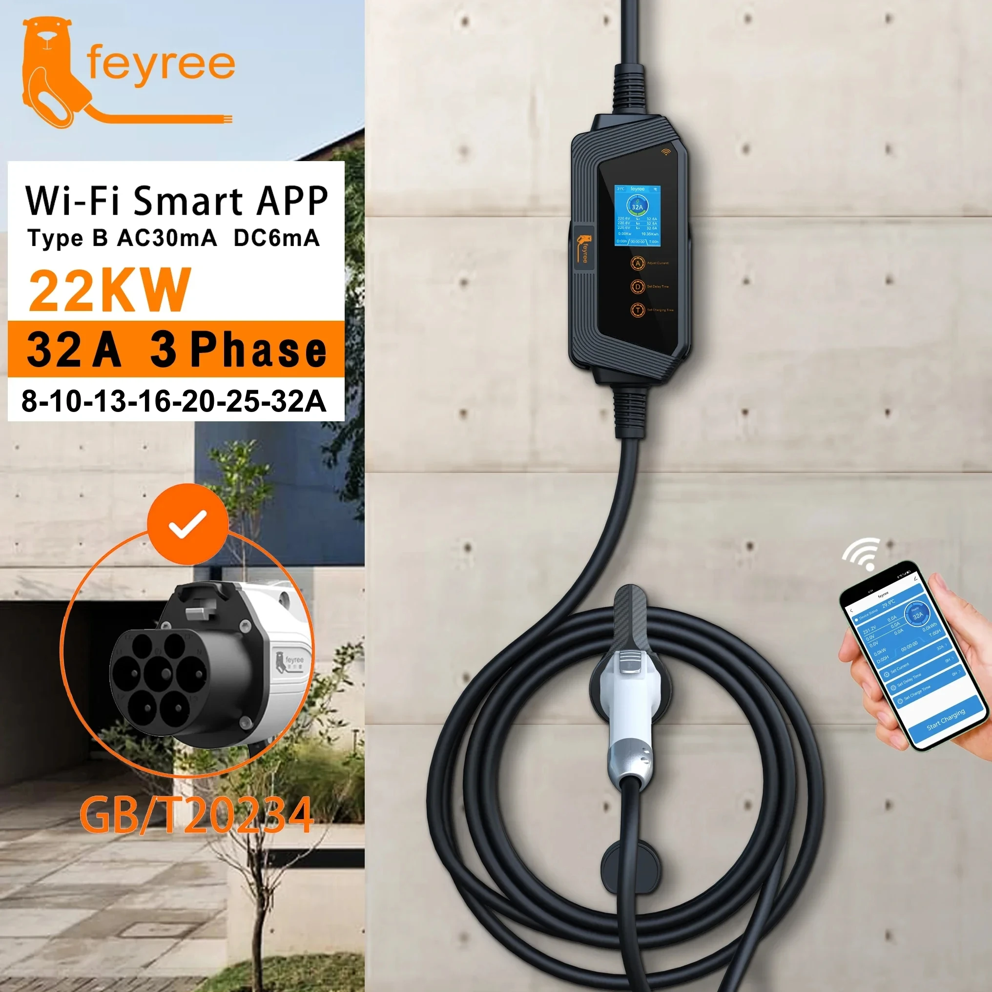 feyree Portable EV Charger GBT Plug 22KW 32A 3Phase EVSE Fast Charging Wi-Fi Smart APP Control for Electric Vehicle Car Charger