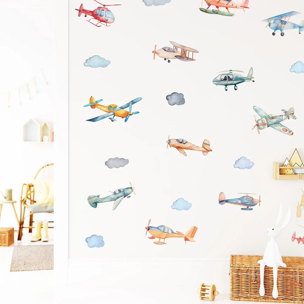 Watercolor Airplane Helicopter Wall Stickers Baby Nursery Kids Room Plane Biplane Wall Decals Bedroom Playroom Home Decor