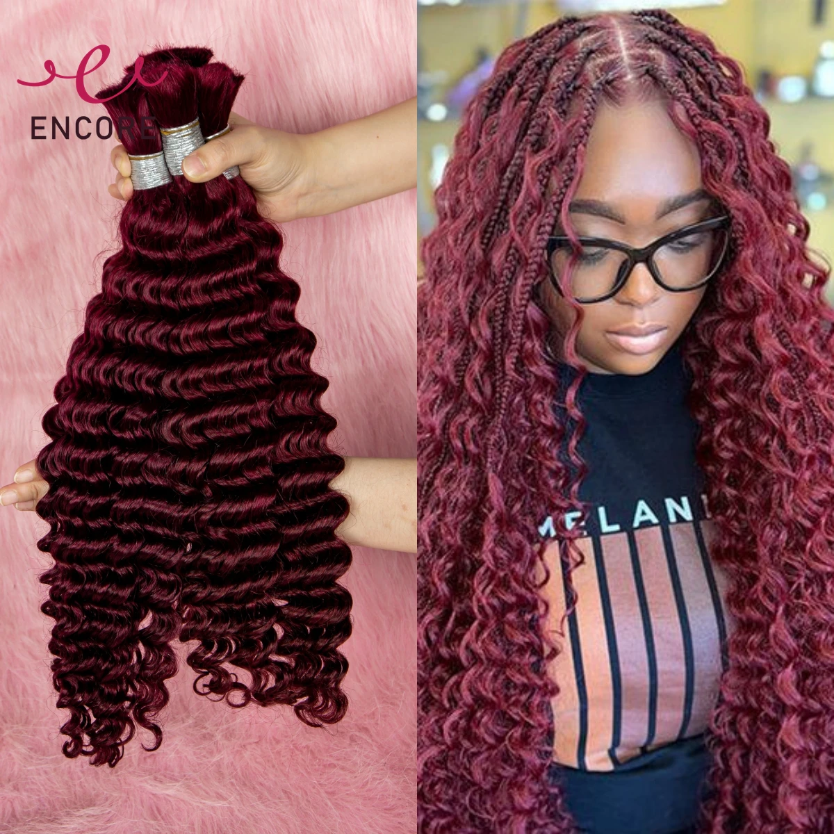 Burgundy 26 28 Inch Human Hair Bulk Deep Wave No Weft Hair Bundles 100% Virgin Curly Hair Bulk for Boho Braided Hair Extensions