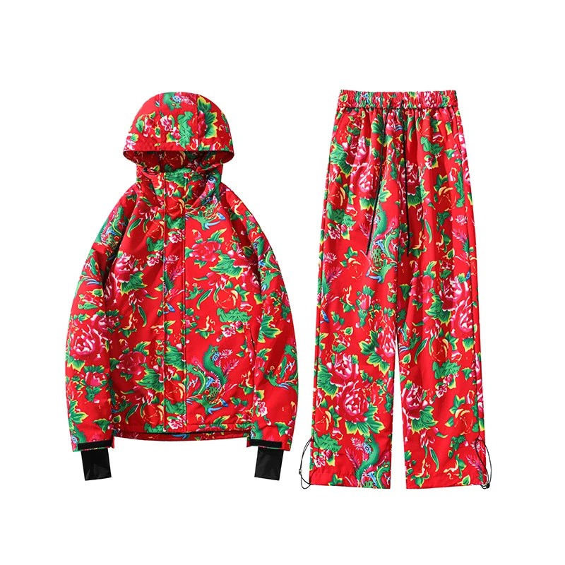 S-XXXL set pakaian salju Pria Wanita musim dingin ukuran Plus jaket Snowboard hangat dengan celana Motif bunga merah tahan air