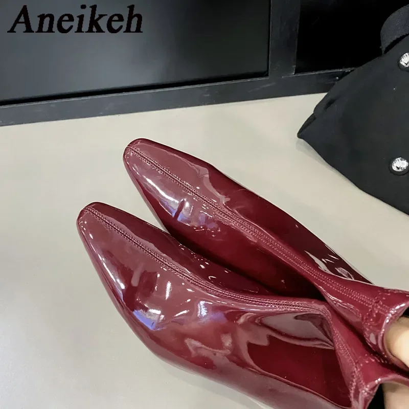 Aneikeh NEW Autumn Patent Leather Mid-Calf Boots Solid Women Shoes Wedding Pointed Toe Wedges Leisure Women Boots Shallow ZIP