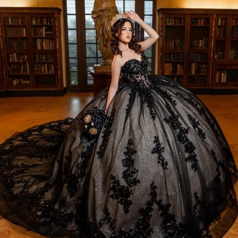 

Черные блестящие платья Quinceanera с открытыми плечами, аппликация, кружево, корсет с бусинами, тюлевое платье для вечеринки, дня рождения, сладкое платье 16, Vestidos 15 De