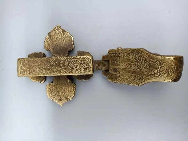 Exquisite Antique Inlaid Copper Four Corners Cross Vajra Belt Buckle Ornament