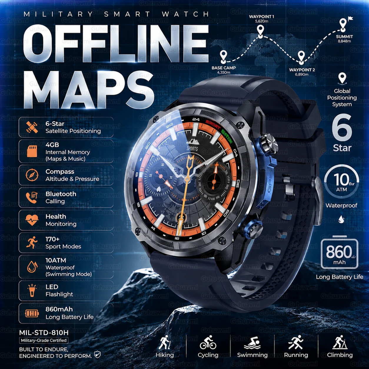 2026 New Tactical Sports Smartwatch Built-in GPS Offline Map 4GB Memory 10ATM Waterproof Swimming Men Militray Smart Bracelets
