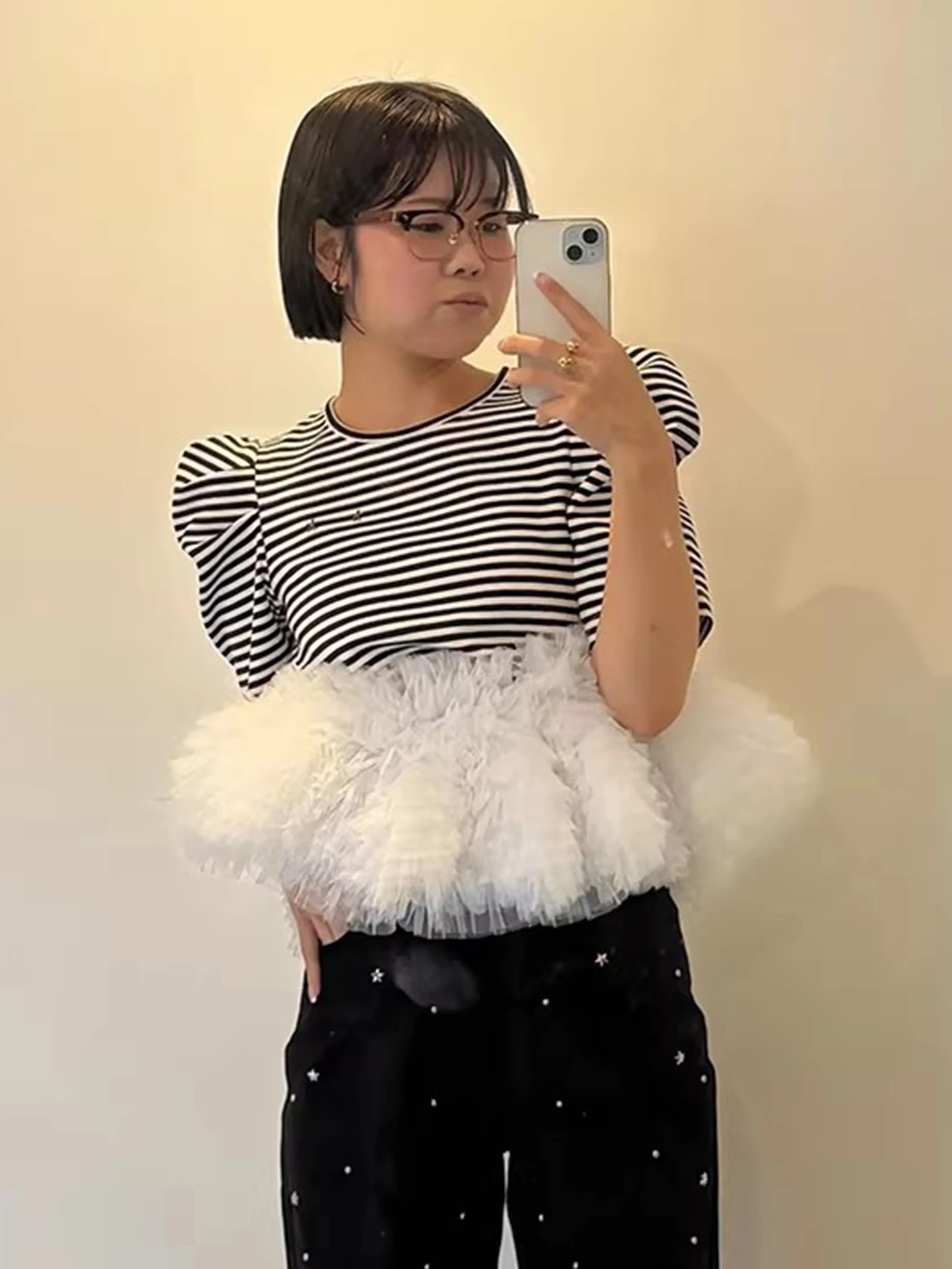 2026 Summer New Retro Stripe Splicing Fluffy Sleeves T-shirt with Round Neck and Short Sleeve Female Style Commuting
