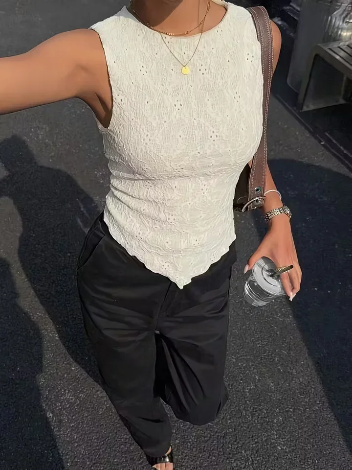 Chaleco de encaje de doble capa Y2K para mujer con tirantes delgados - bajo asimétrico, cuello redondo, camisa ligera de verano