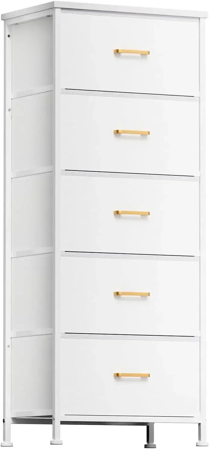 Tall Dresser with 5 Drawers,White Dresser for Bedroom, Tall Storage Tower for Closet,Nursery, Dorm, Dresser Organizer with Frame