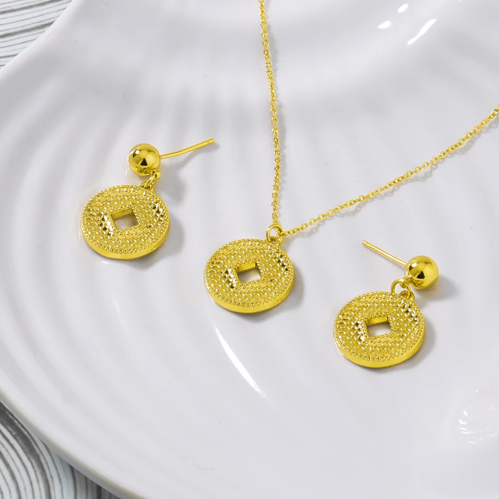 

Gold Color Women Earrings Clavicle Chain Set Gold Plated Coin Shape Pendant Delicacy Jewelry Set Fot Party Wedding Birthday Gift