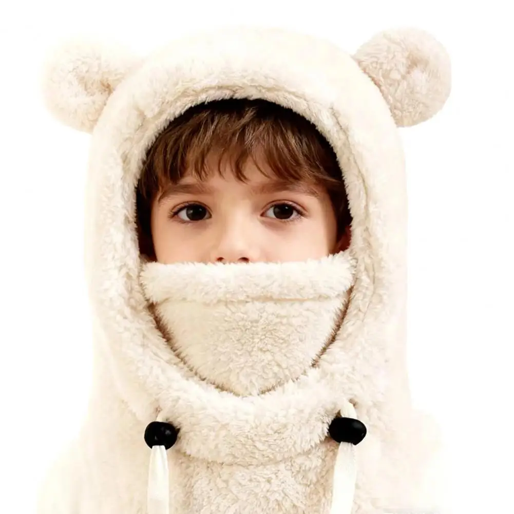 Lightweight Kids Hat Kids Ski Hat with Bear Ear Decor 3-in-1 Windproof Fleece Face Guard Scarf Adjustable Weather Headgear Neck