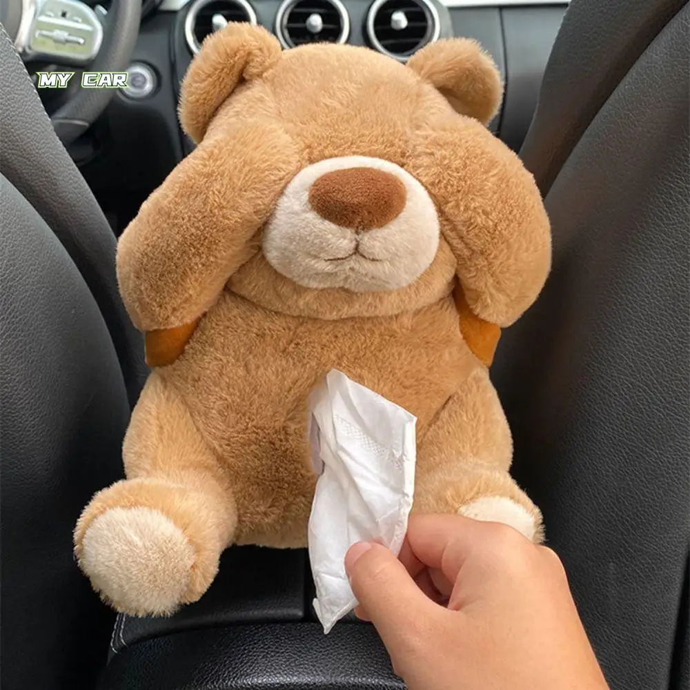 

Eye-covering Bear 2-in-1 Car Tissue Box Removable Space Saving Auto Tissue Holder Elastic Straps Easy To Install