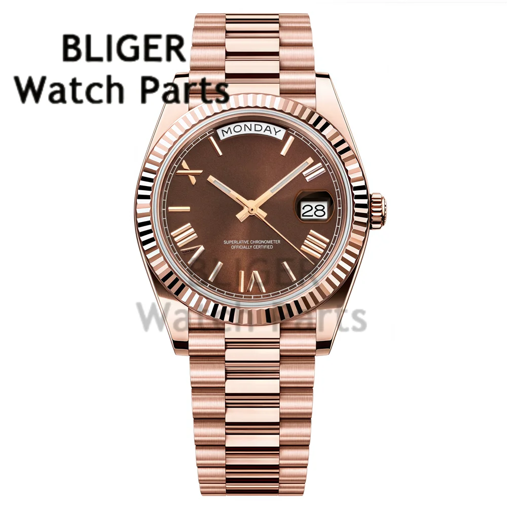 BLIGER Miyota 8285 Mechanical Men's 36mm/39mm Date of the Week Wristwatch President Strap Steel Diver Luxury Gold Watch For Men
