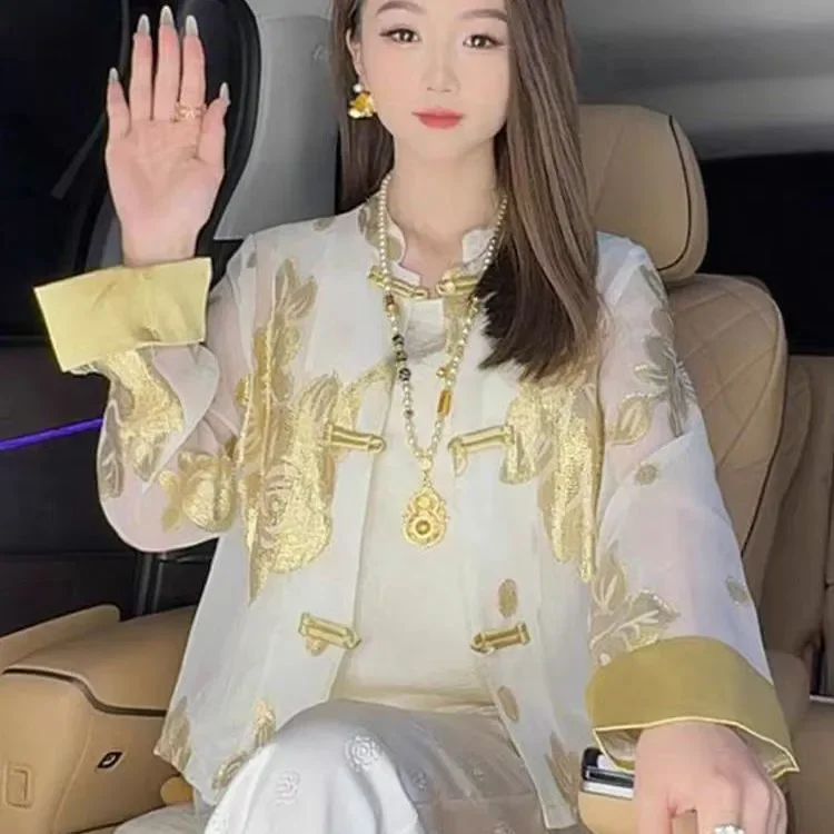 Women's Clothing Loose Printed Long Sleeve Improvement Thin Summer Chinese National Style Anti-Sunscreen Shirt