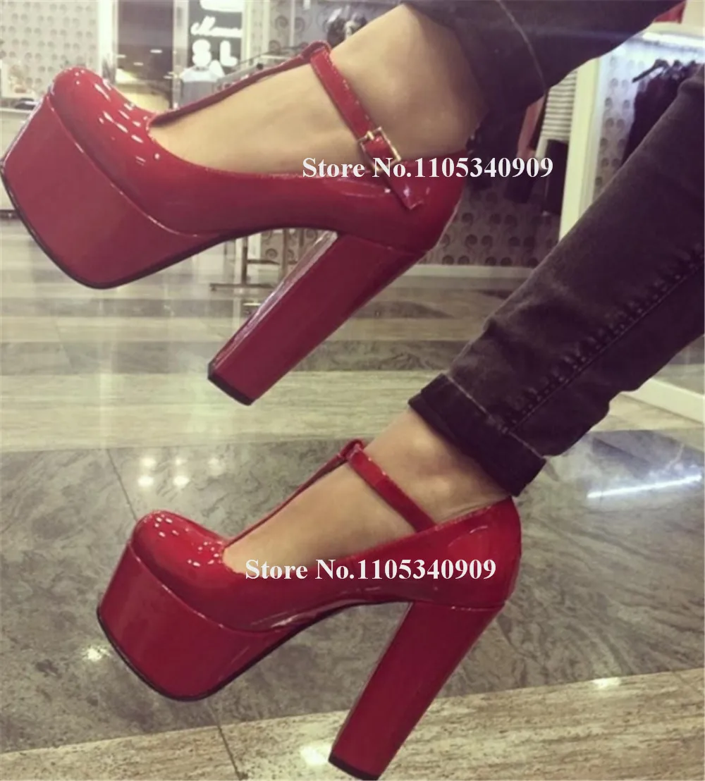 Bondarenko Red Patent Leather Chunky Heel Pumps Round Toe T-straps High Platform Thick Heel Party Heel Big Size Dance Shoes