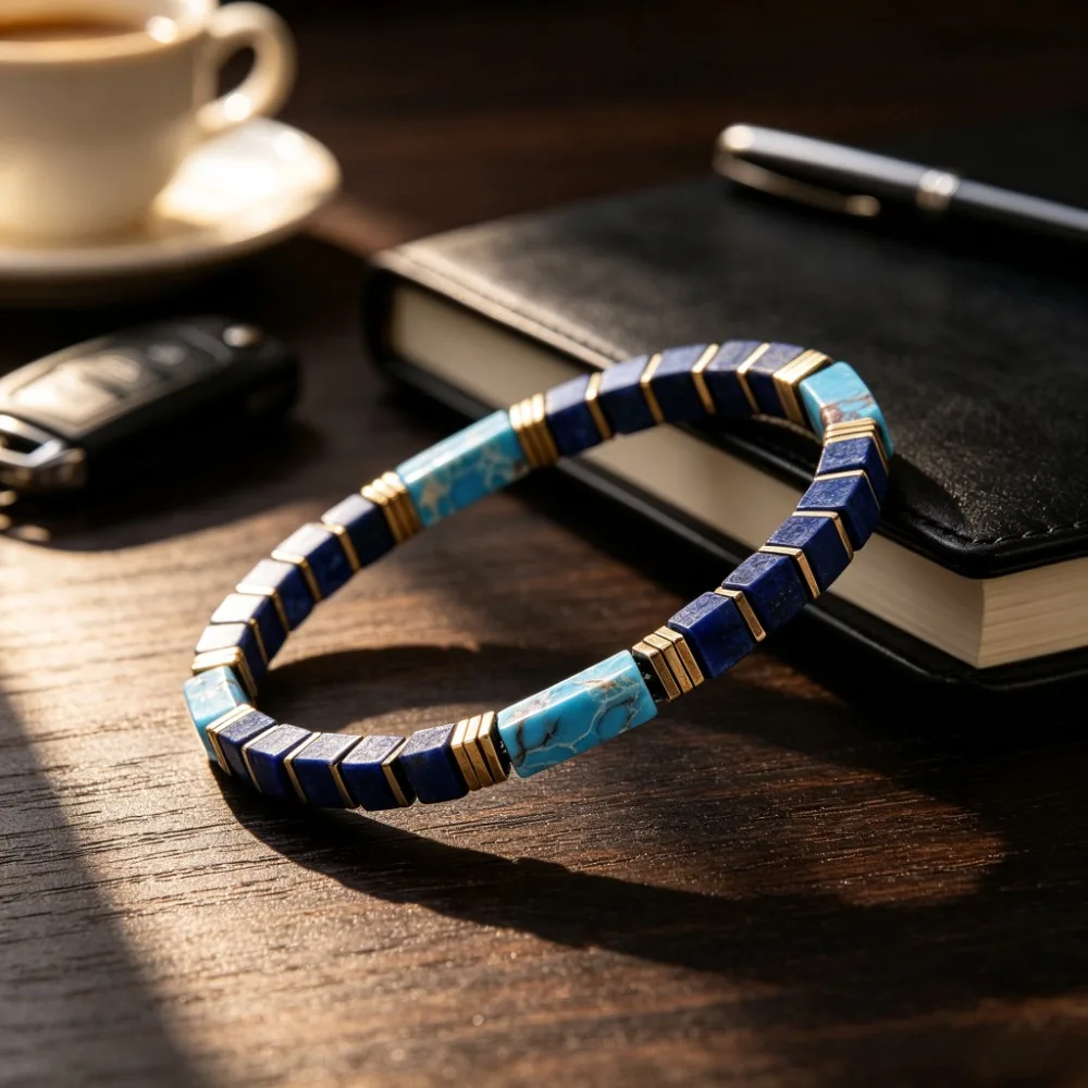 Men'S Natural Stone Lapis Lazuli And Turquoise Cube Bead Bracelet, Gentleman-Style Bracelet for Career Luck Jewelry Gift for Men