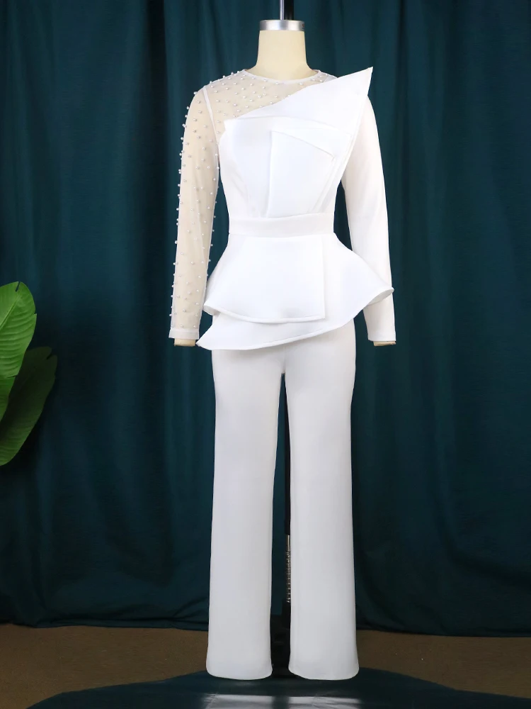 Jumpsuit Women Elegance for Party White Beaded Long Sleeve Rompers Skinny Straight Flared Leg Outfit Prom Night Birthday New In