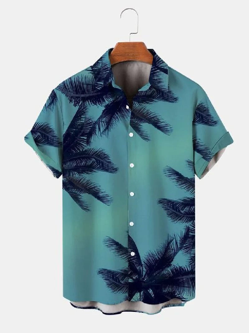 Hawaiian men\'s short sleeved shirt with coconut tree print pattern fashionable and casual lapel shirt  luxurious and retro style