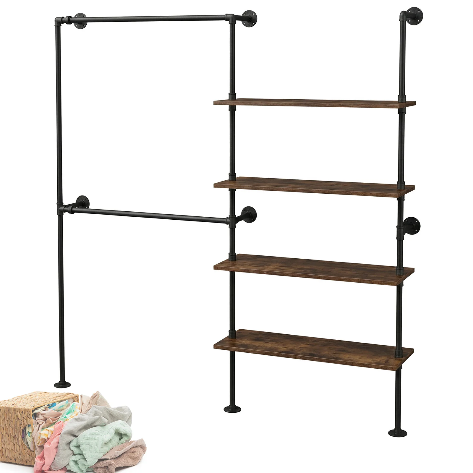 

Прочный органайзер для одежды с двойными вешалками из промышленных труб, вешалки для одежды большой вместимости для хранения в шкафу и спальне