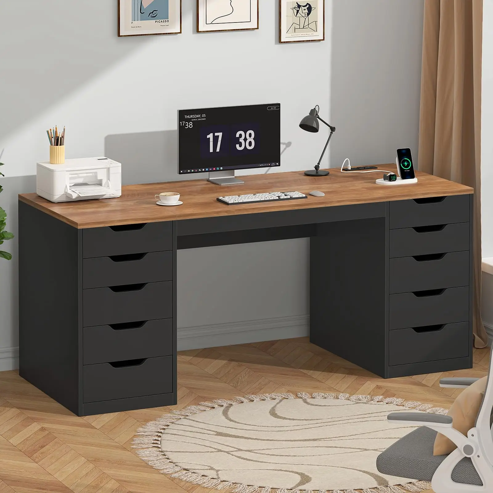 55 Inch Computer Desk with 10 Drawers and Outlets for Home Office ...