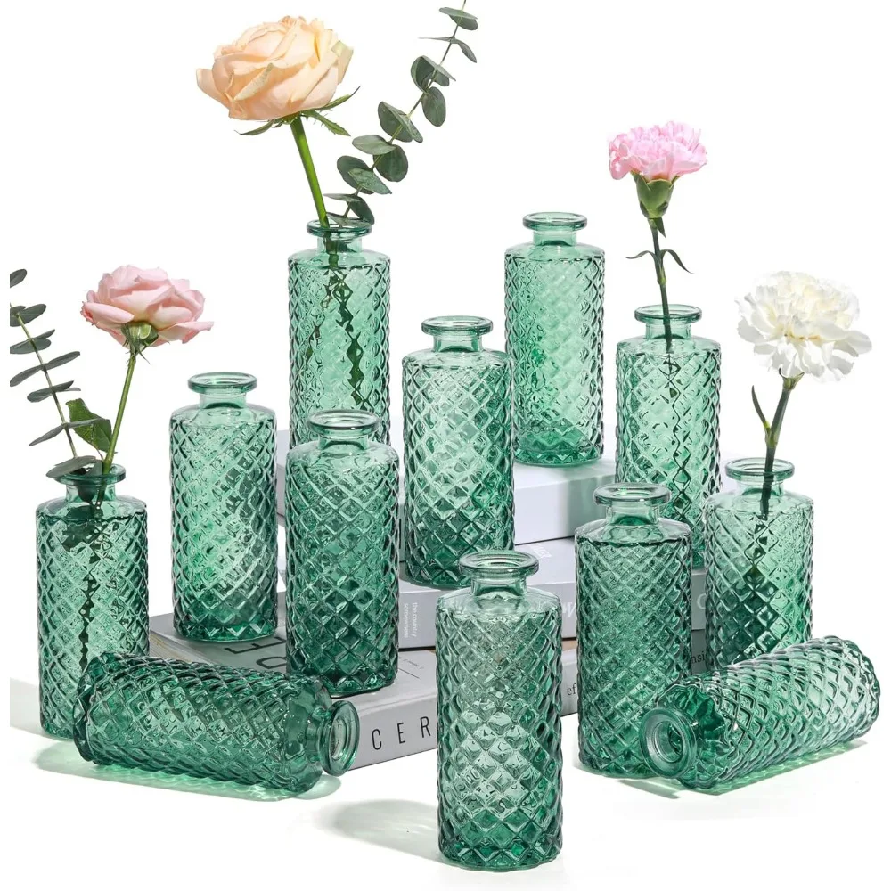 مجموعة مزهريات برعم زجاجية مكونة من 12 قطعة، مزهريات برعم ماسية صغيرة بكميات كبيرة، مزهريات زهور صغيرة للقطع المركزية، قطعة مركزية للديكور العتيق