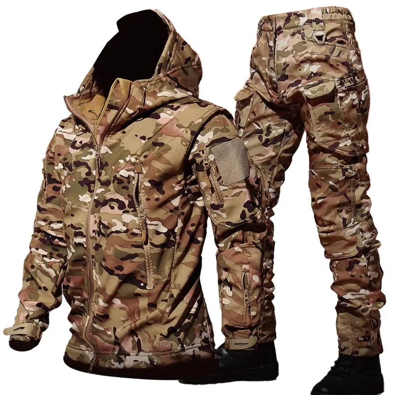 Camo Waterproof Cargo Sets Men Outdoor Soft Shell Hooded Jacket+Multi-pocket Straight Pant 2 Pcs Suits Winter Training Set