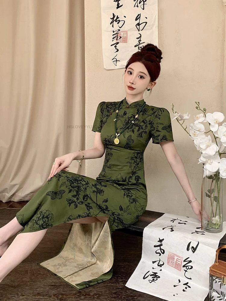 New Chinese Style Printed Modified Cheongsam women's  Summer Elegant Retro Short Sleeve Long Dress Green Qipao