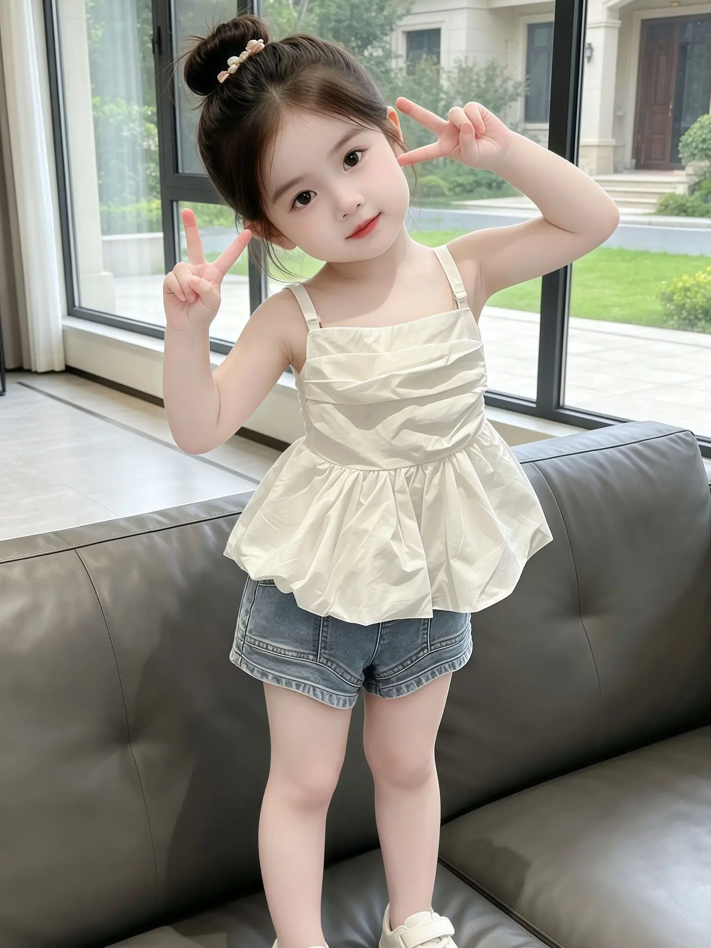 korean-style-sweet-ruffle-hem-blouse-and-shorts-set-for-girls-summer-new-arrival-denim-two-piece-suit-child-fashion-clothing