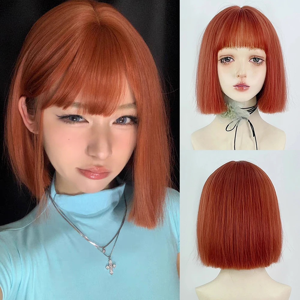 

Bob Orange Synthetic Short Straight Women Wig with Bangs Fluffy Lolita Cosplay Heat Resistant Hair Wig for Daily Party