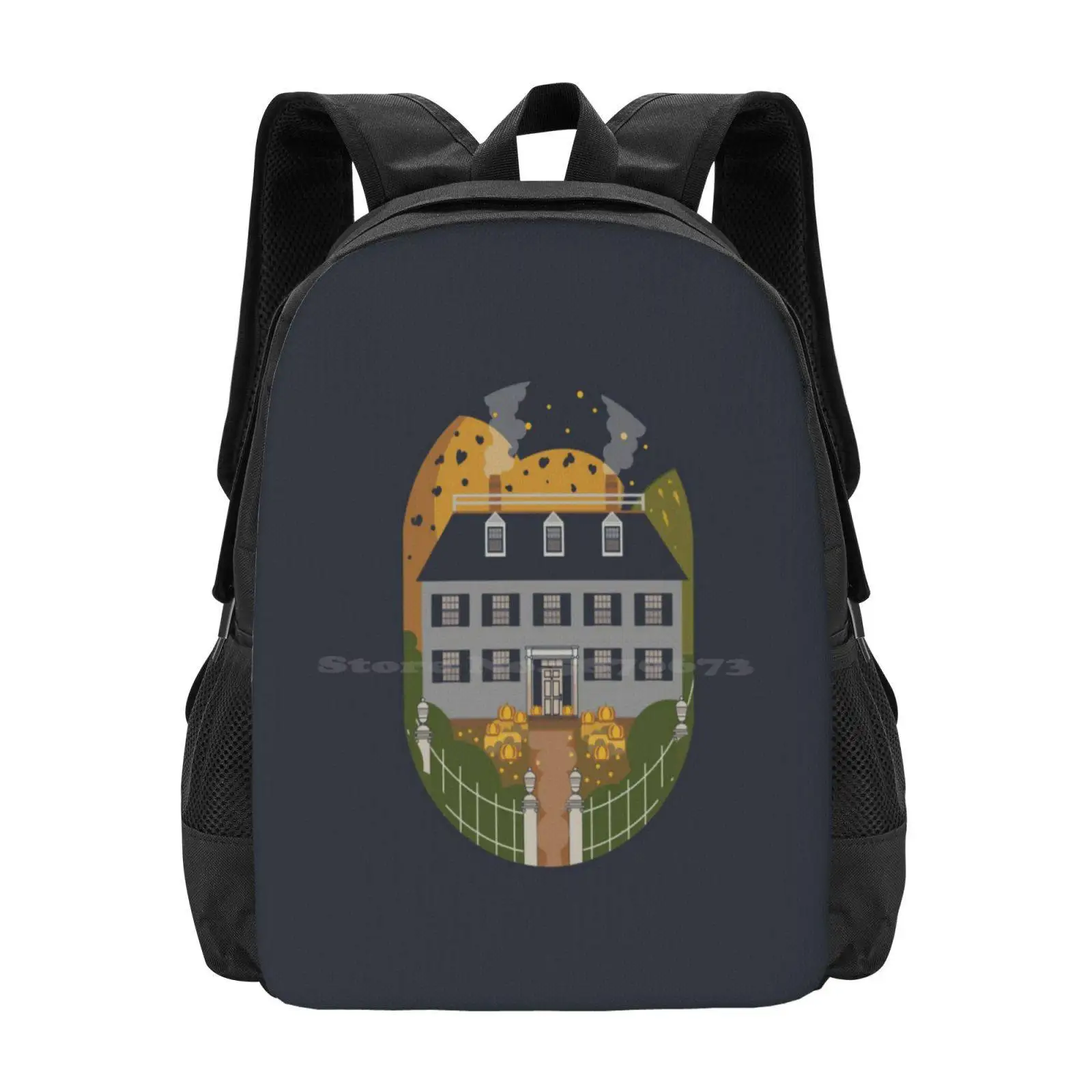 

The Ropes Mansion At Halloween Teen College Student Backpack Pattern Design Bags Salem Home Cottage Halloween Cosy Spooky Cute