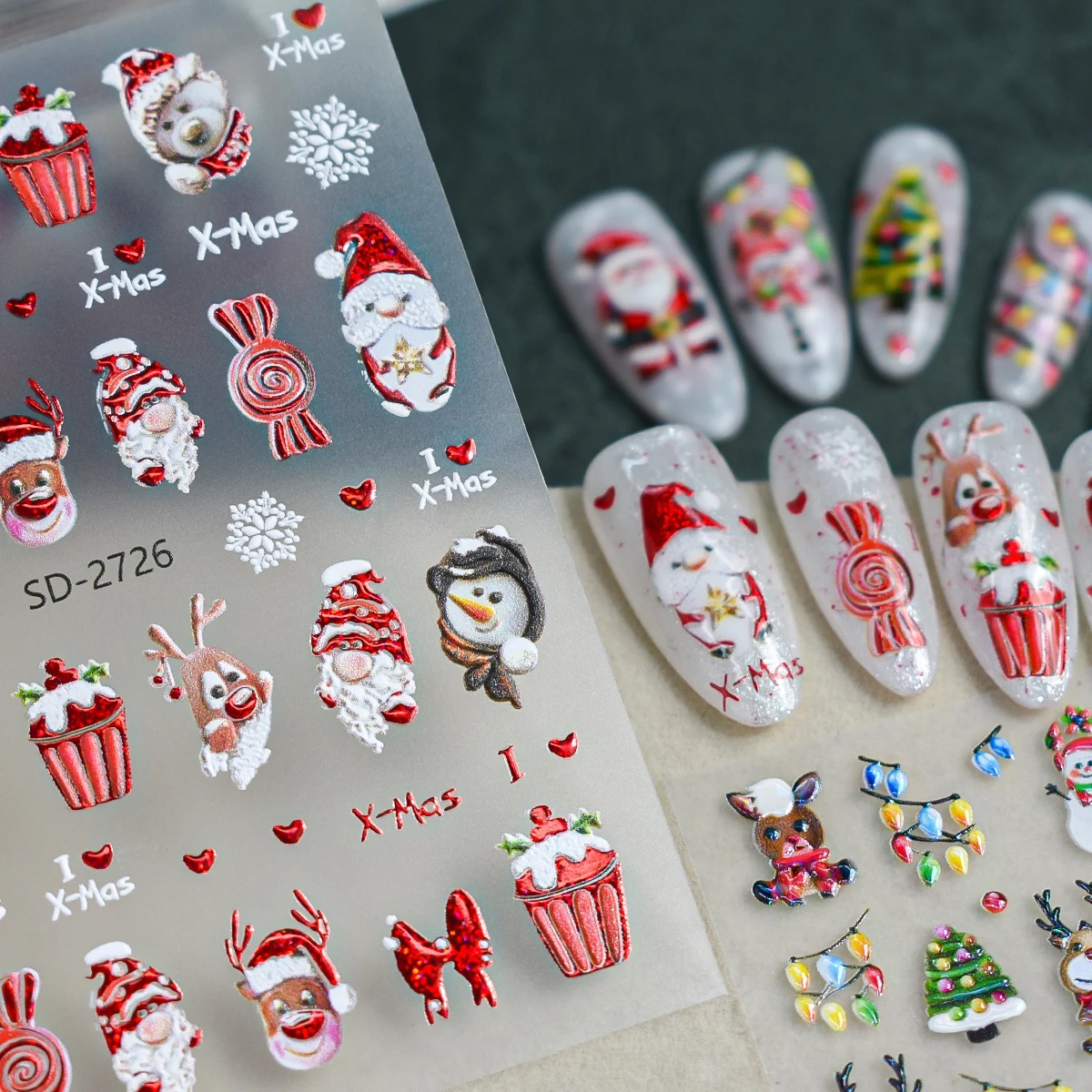 3 bis 15 Blatt 5D Weihnachts-Nagelsticker mit Motiven von Weihnachtsmann, Schneemann, Rentier, Baum, Schneeflocke, Schleife und Zuckerstange, selbstklebend – Detail 8