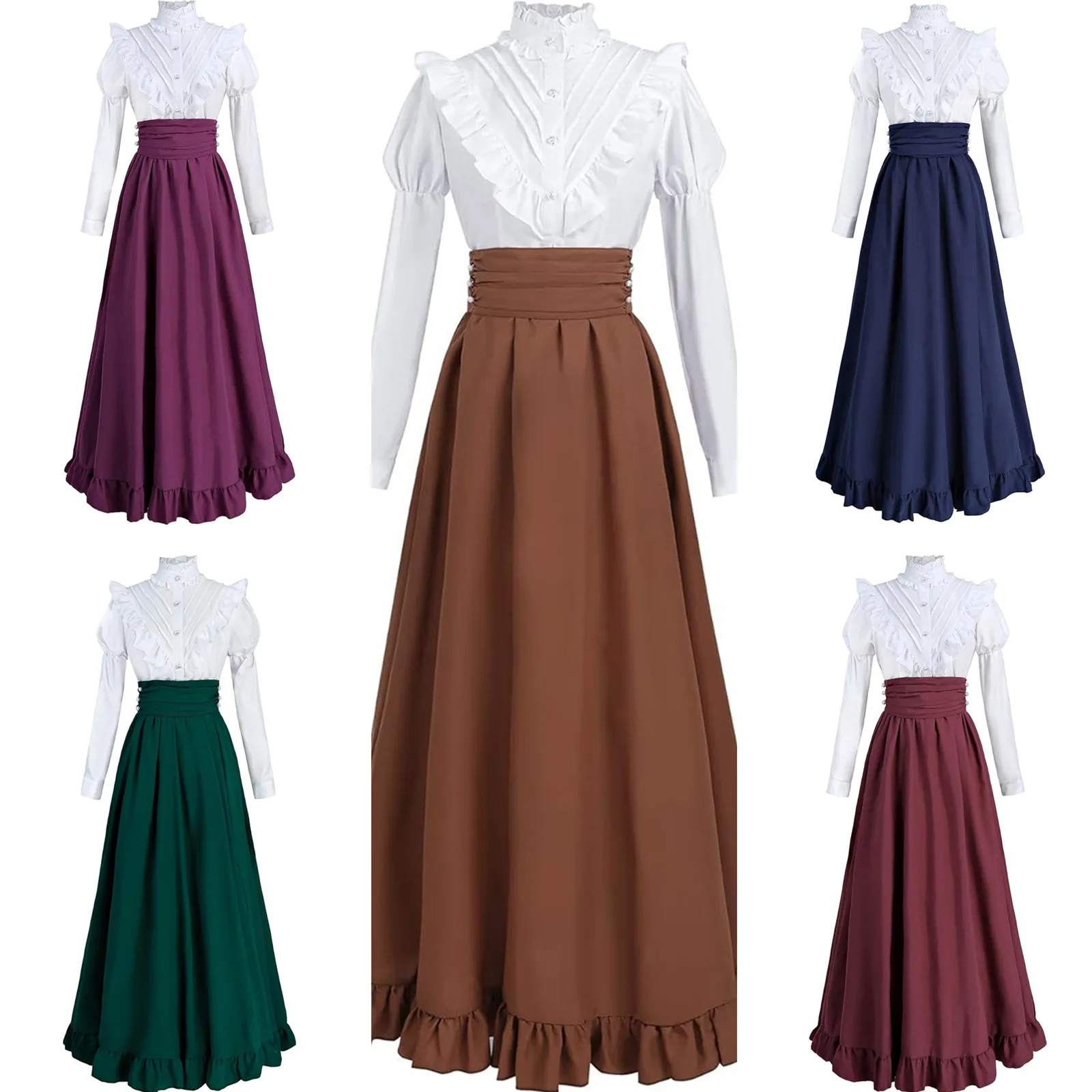 

Medieval Victorian Costume for Women 3PCS Ruffle Blouse Maxi Skirt Set Pioneer Colonial Dress for Renaissance Faire Cosplay